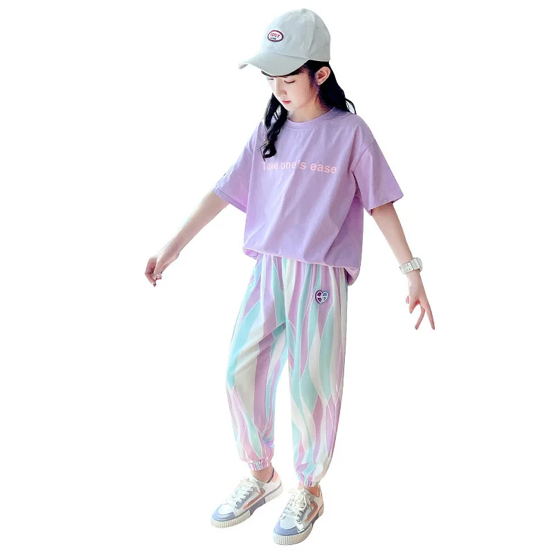 2024 summer girls Clothes Child set Sports Suit Teen tracksuit letter print loose t shirt + striped straight pants 4 12 14 year