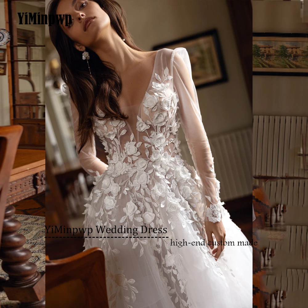 Gaun Pengantin Bunga Elegan Model A-Line Lengan Panjang Berbahan Lace dengan Sweep Train V-Neck untuk Wanita, Gaun Pengantin 2025 Vestidos De Noche Dapat Dipesan Sesuai Keinginan