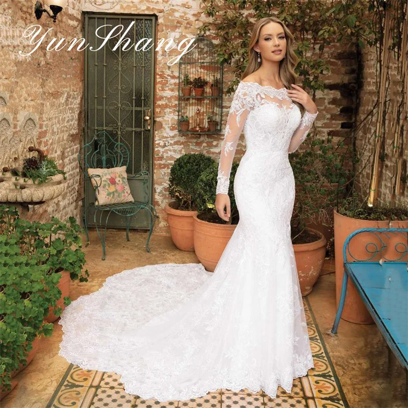 Yunshang abiti da sposa di lusso donna sirena Illusion Back Lace manica lunga Applique abito da sposa Sweep Train Vestidos De Novia