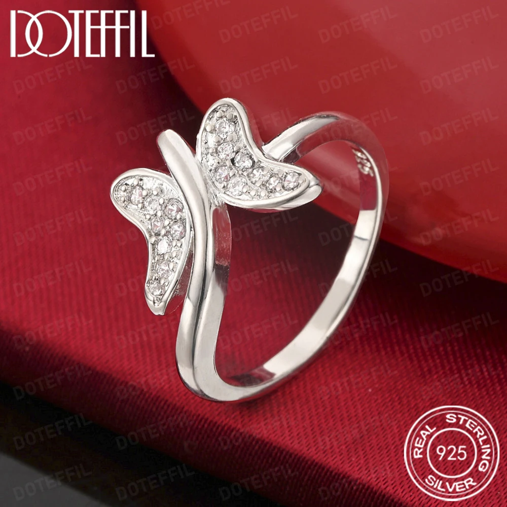 925 Sterling Silver Butterfly AAA Crystal Ring For Woman Wedding Engagement Charm Party Jewelry