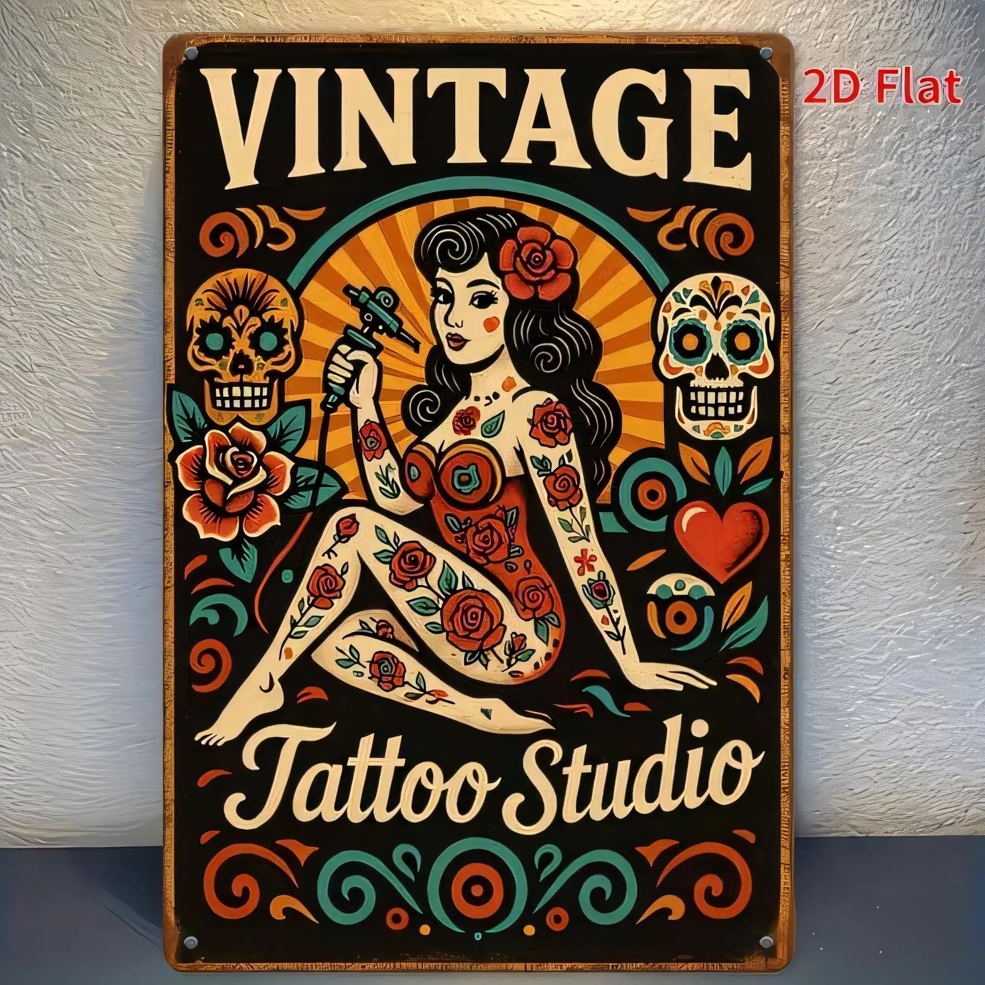 Vintage Tattoo Studio Tin Sign,  Retro Metal Poster Wall Art, Sugar Skull Woman Rose Skeleton Tattoo Shop Plaque, Halloween Pub