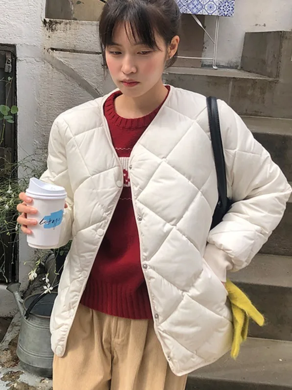 

Korean Sle V-Ne Diamond Pattern Cotton Jaet Women's Winter Loose Versatile Single Button Warm Cotton Coat Long Sve