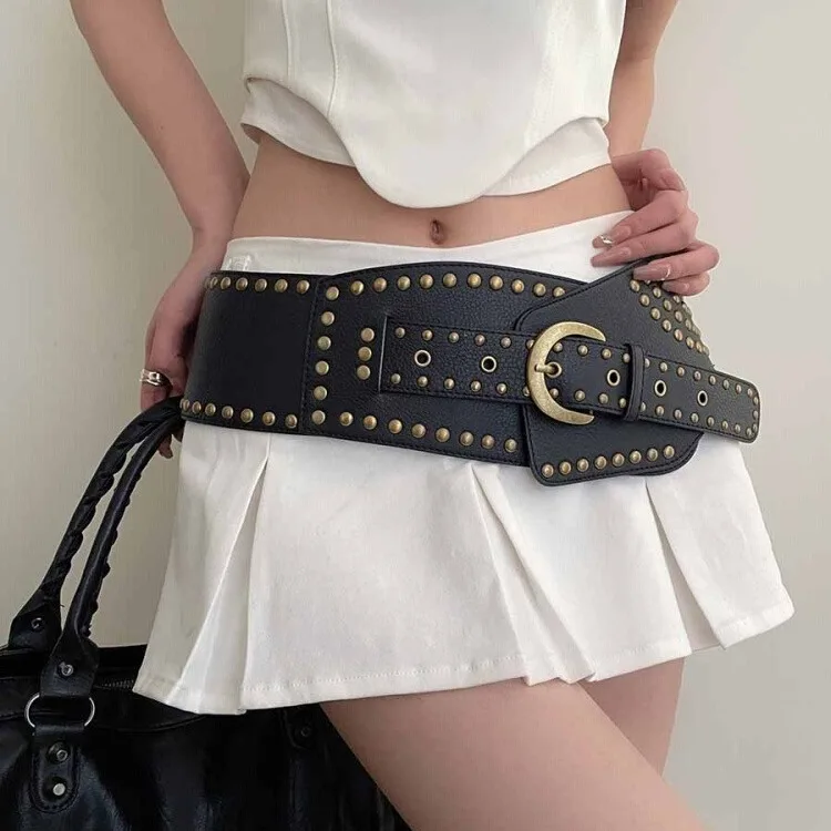 

Y2K Rivet Waistbelts Studded Belt Vintage Punk Asymmetric Dress Belts Women Waist Big Wide Stretch Cummerbunds Female Waistbands