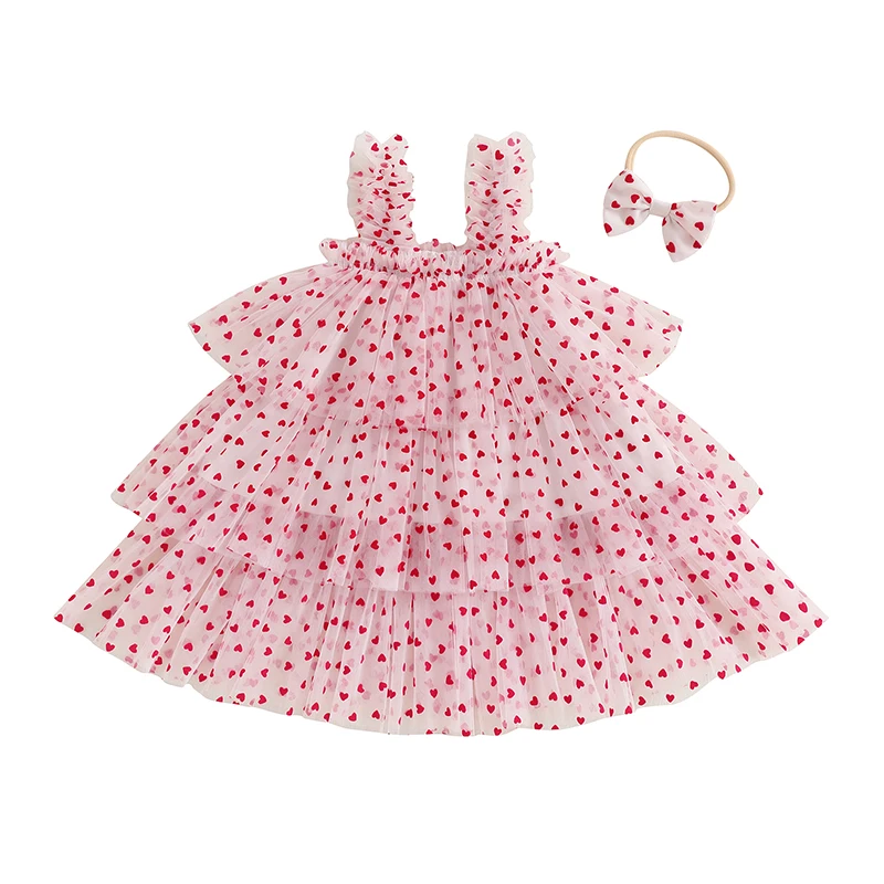 

Toddler Girl Mesh Sweet Dress Heart Print Sleeveless A-Line Tulle Cake Dress with Bow Headband