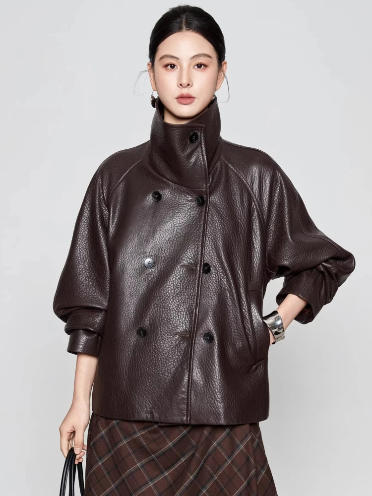 

Casual Genuine Leather Motorcycle Jackets Women Spring Autumn High-end Simple Loose Vintage Bubble Real Goatskin Coat with Belt