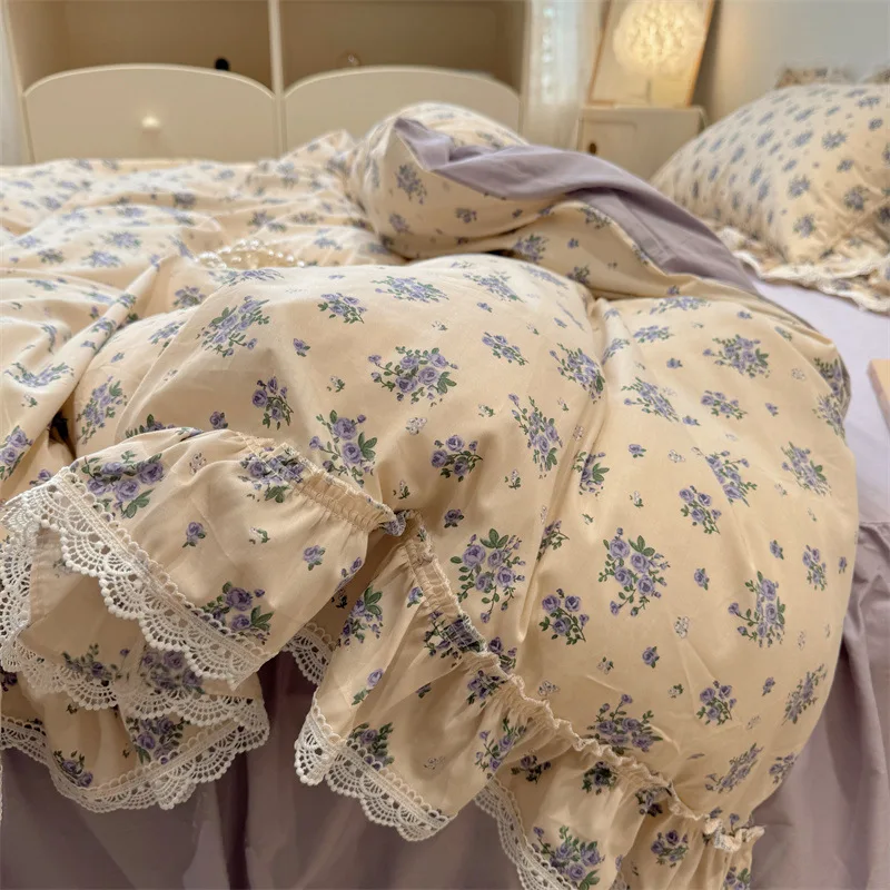 Korean Ins lace all cotton princess style bedding set, four piece pure cotton small floral duvet set, bed sheet, bed skirt+++