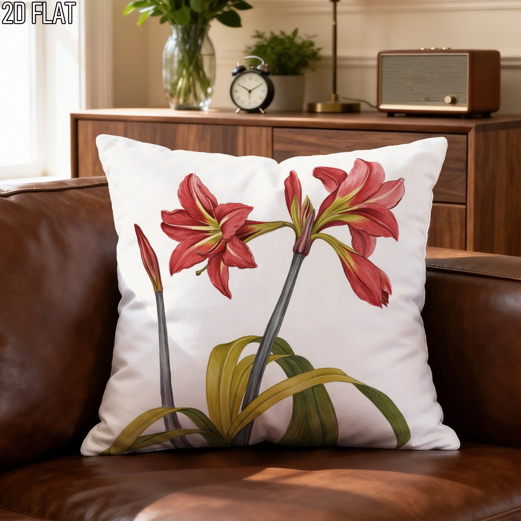 Red Amaryllis Pillow Cover Botanical Illustration White Background 16x16 Inch Square Floral Decor  throw pillow covers