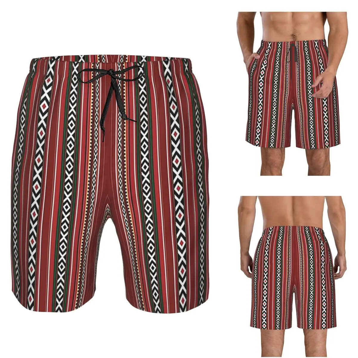 Beautiful Red Traditional Arabian Style Sadu Pattern Trunks Beach Board Shorts Casual Quick Dry Swim Summer Men Pants