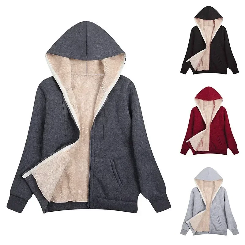 Winter Women Hooded Plush Coat Fleece Hoodies S-2XL Zipper Sweatshirt Long Sleeve Sweater Jacket