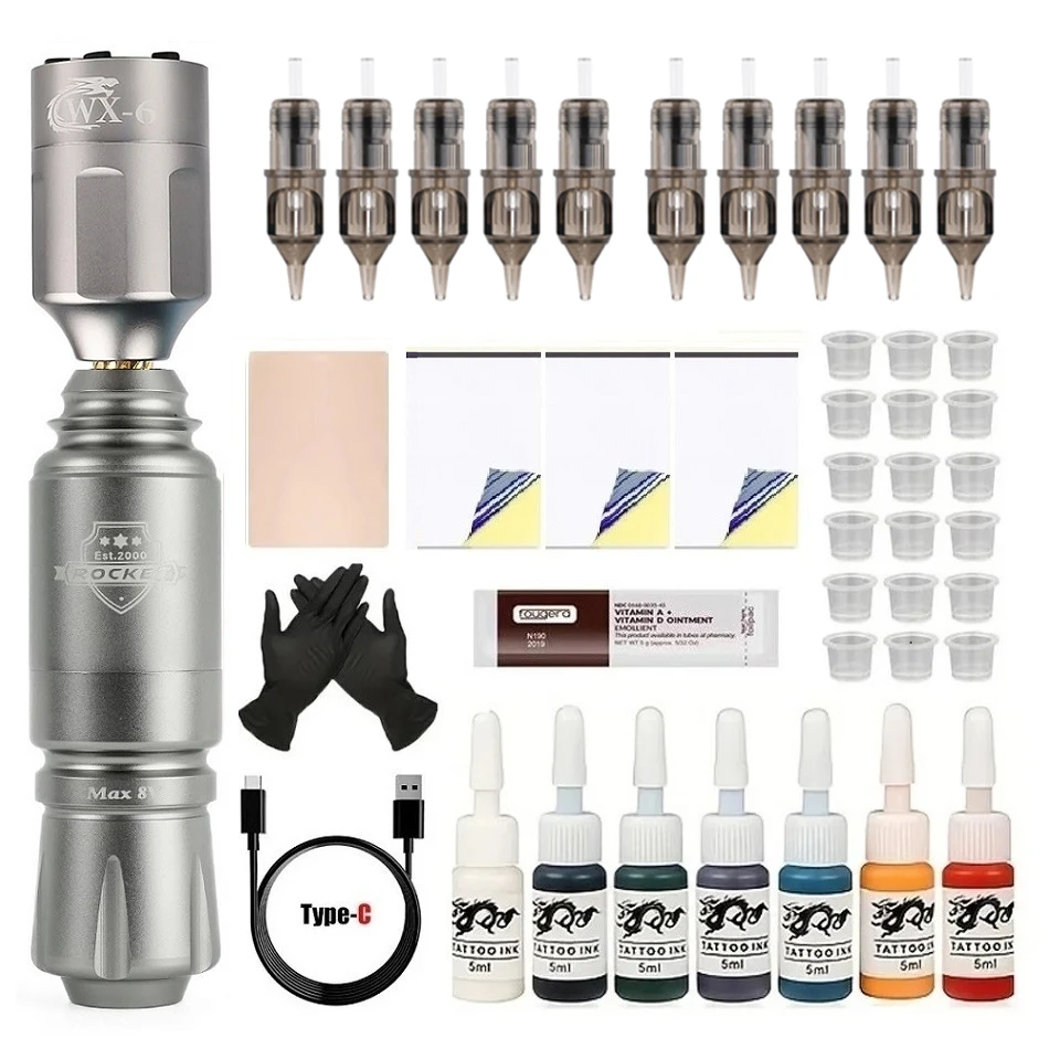 

3 Models Mini Rocket and New WX-6 Power Tattoo Machine Pen Motor Wireless to Tattoo Artist Pen Complete Tattoo Kit For Beginners