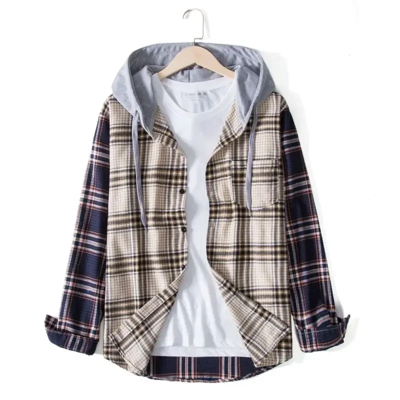 

2023 Autumn and Winter New Casual Splice Men's Shirt Checkered Fashion Versatile Personalized Long Sleeve Shirt