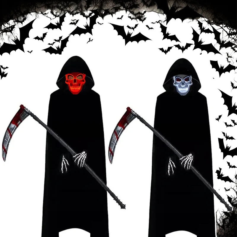 

2025 косплей костюм на Хэллоуин: Мрачный Жнец, страшный костюм скелета для детей, взрослых Мрачный Жнец, призрачный халат и серп