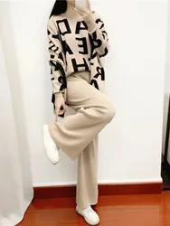 Women Knitting Three Piece Set Letter Print Pullover Sweater Scarf Wide Leg Pants Suit Morocco Ensemble Muslim Knit Tracksuit