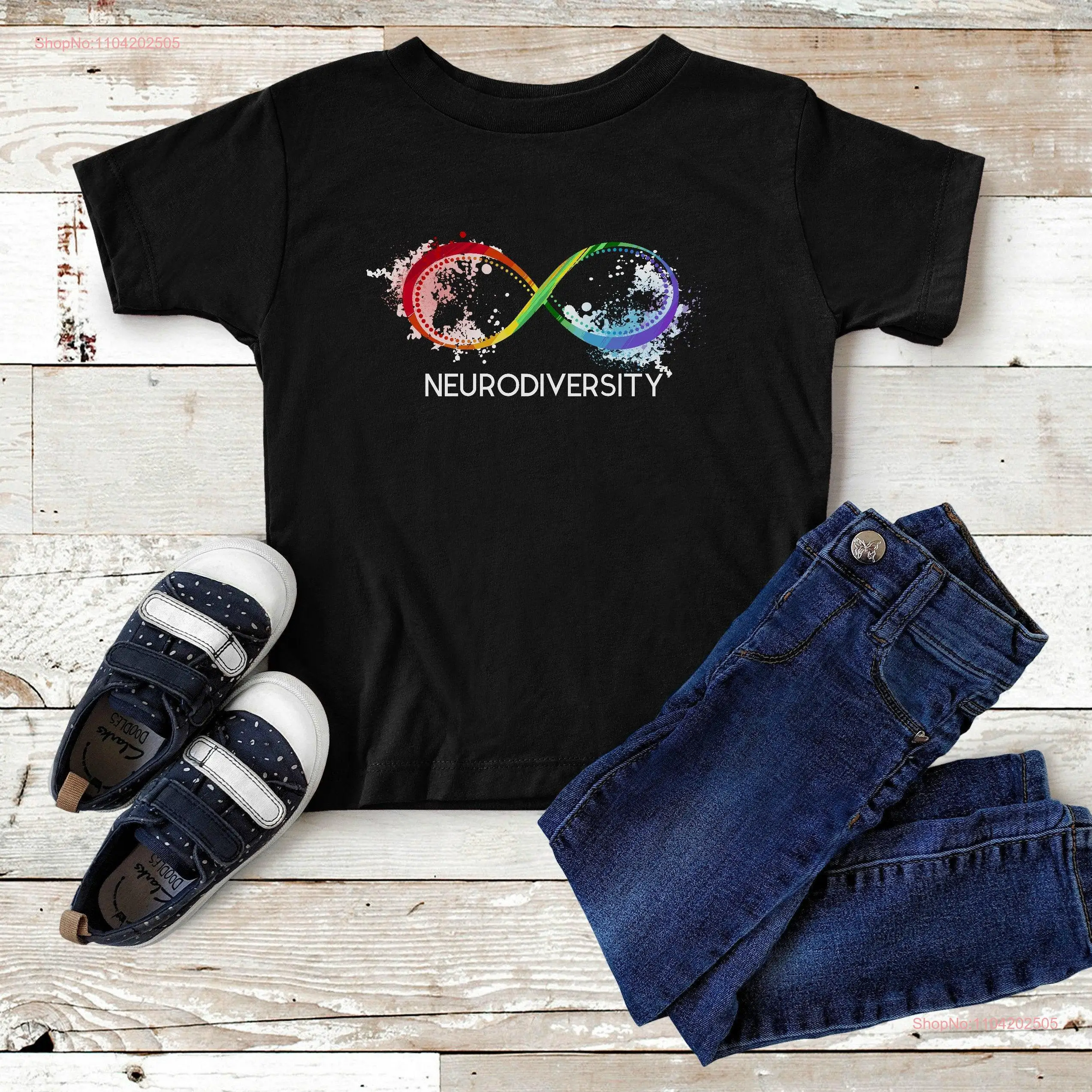 Kids Neurodiversity Symbol Rainbow Infinity T Shirt Black Cotton for Inclusion Autism ADHD Mental Illness boy girl