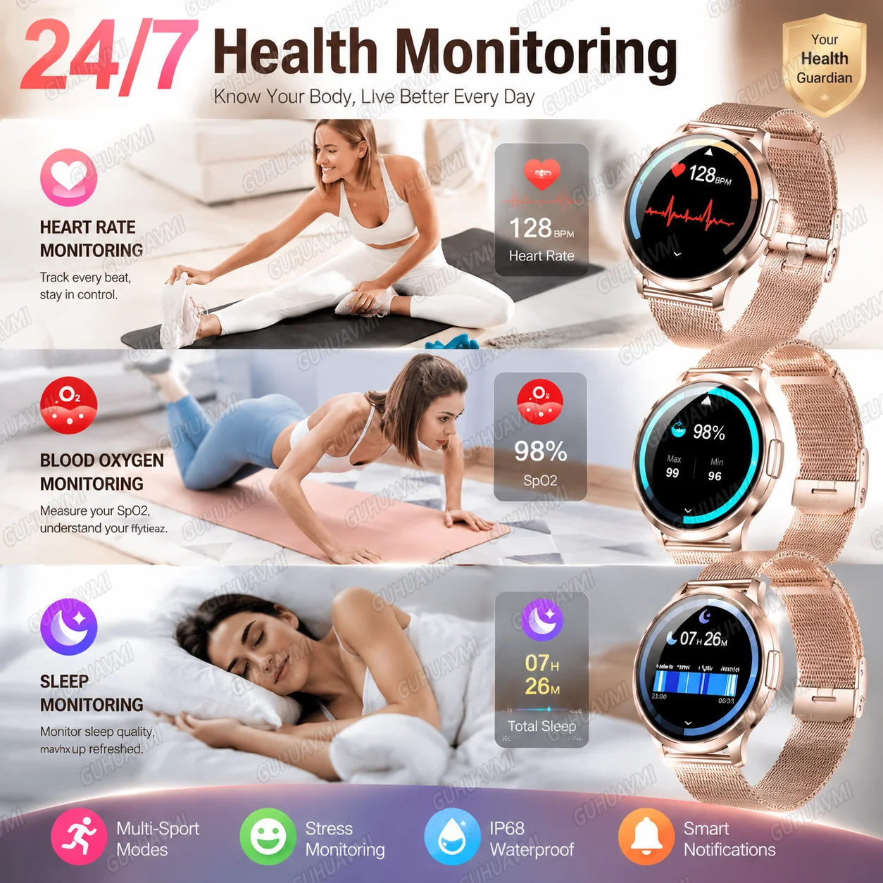 2026 Nowy Damski Smartwatch z Wyświetlaczem AMOLED, Personalizowane Tarcze, Monitorowanie Aktywności Sportowej i Zdrowia, Wodoodporna Bransoletka, Muzyka, Cyfrowy Zegar dla Kobiet — zdjęcie produktu 6