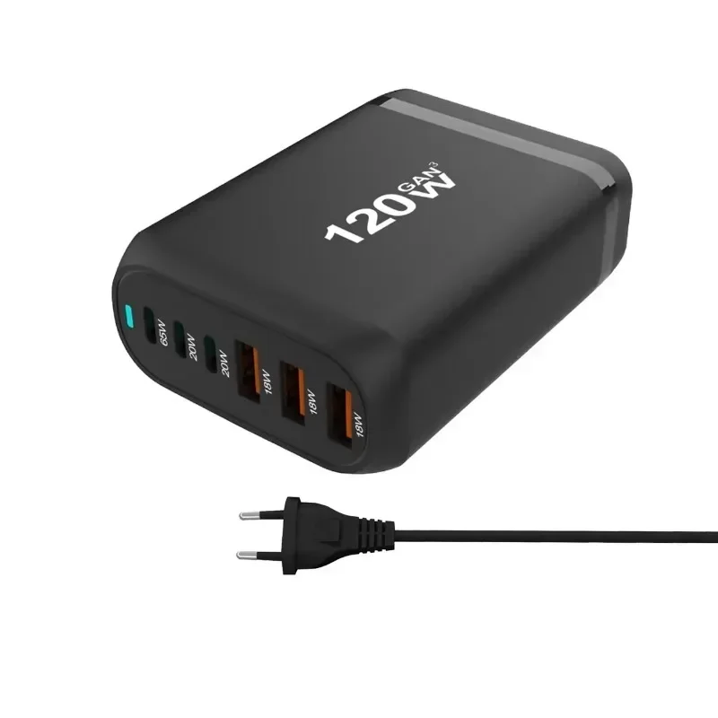 Cargador GAN de 120W, 6 puertos USB tipo C, PD, carga rápida 3,0, USB tipo C, USB móvil