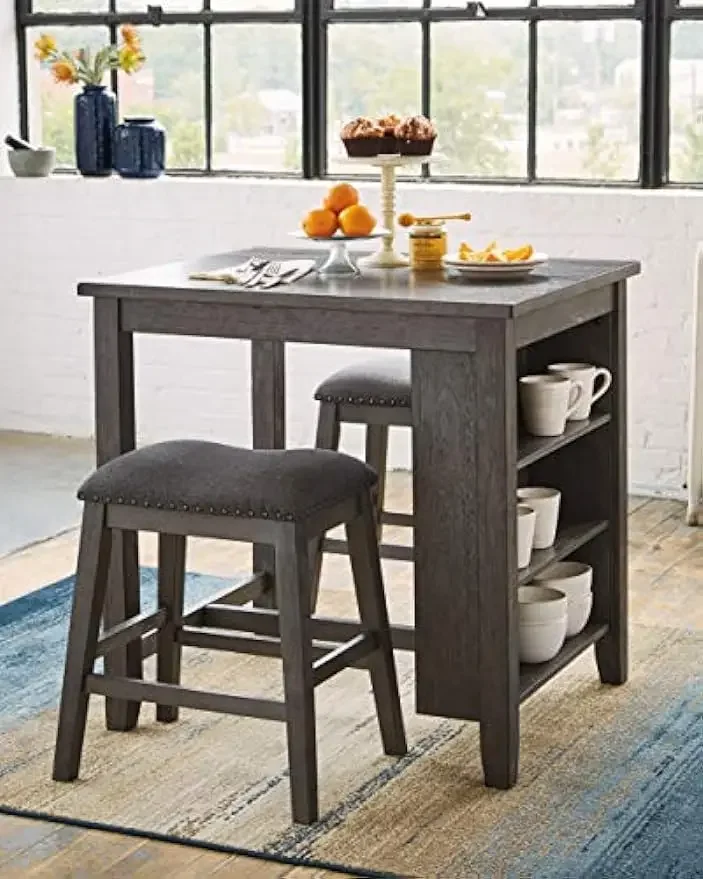 

25" Counter Height Dining Room Table Set with 2 Saddle Barstools & Storage, Gray