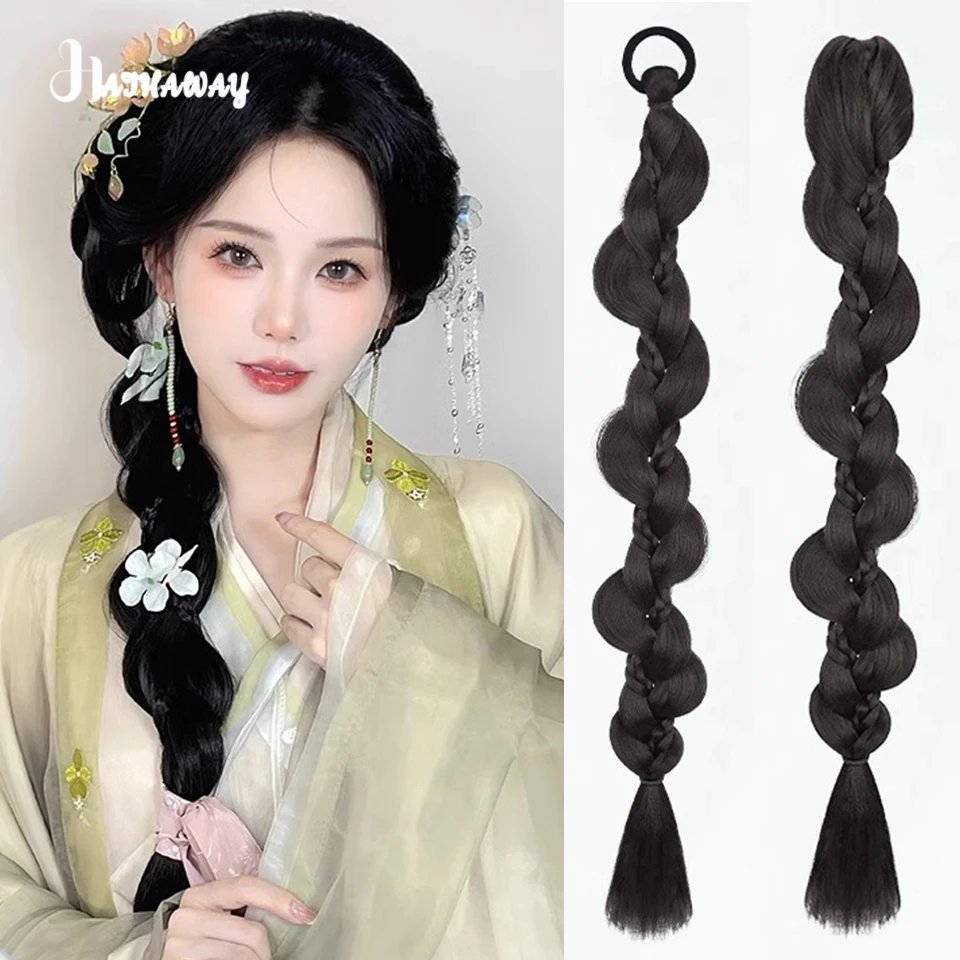 Dress Wig Braid Female Synthetic New Chinese National Style Hair Side Twist Braid Ancient Hanfu Cheongsam Low Ponytail Female