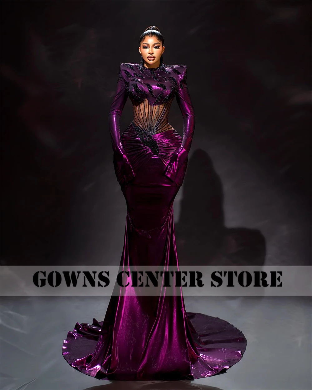 فساتين سهرة ممتازة أرجوانية بأكمام طويلة حورية البحر Aso Ebi شفافة من خلال مشد فساتين حفلات أفريقية أنيقة 2024 حسب الطلب #2