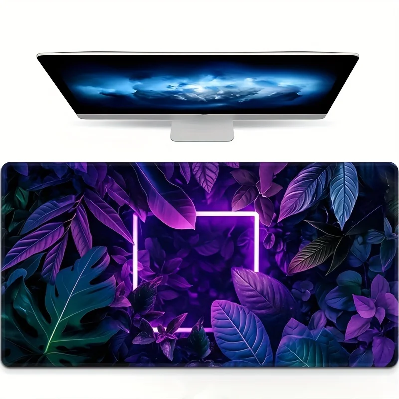 

Large Gaming Mouse Pad Green Plant Leaf Desk Mat Purple Plant Mousepad Stitched Rubber Edge Cute Keyboard Pads for Office Decor