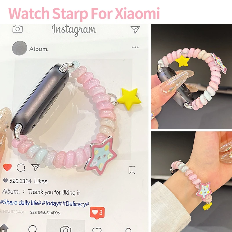 Y2k Star Charm Phone Cable Strap for Xiaomi MiBand 10 9 8 NFC Elastic Hand‑Made Wristband for Redmi Watch 6 5 4 Rainbow Bracelet