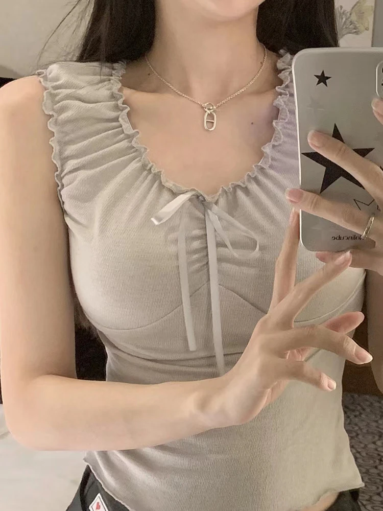 Vintage Ruffles V Neck Tank Tops Women Summer Retro Solid Sleeveless Slim Y2k Crop Top Female Sweet Cute Cotton Bow Vests 2023