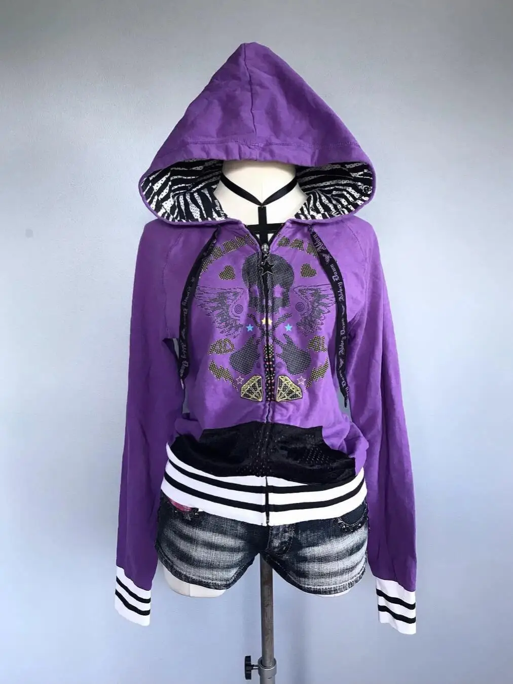 Onalippa 2025 جديد اليابانية Y2K الألفية الساخن فتاة نمط الجمجمة طباعة هوديي الأرجواني الربط زيبرا نمط سستة المرأة