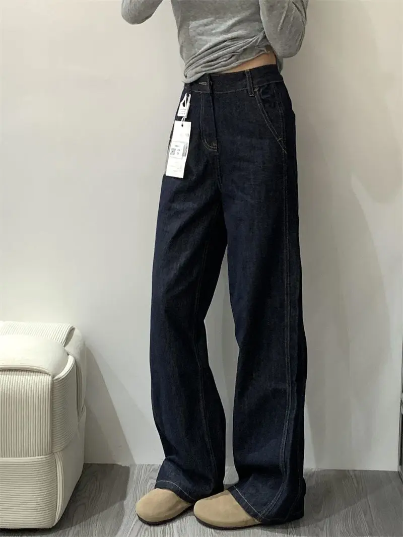 

Small American Retro Dark Blue Low Waist Wide-leg Loose Jeans Women Pear-shaped Body Straight Trousers
