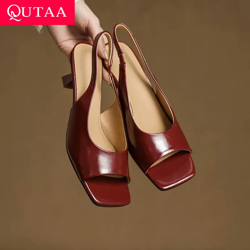 

QUTAA 2025 Sexy Women high heels Sandals Shoes Party Square Open Toe Fashion Cow leather Shoes Woman Summer Dress Size 34-39
