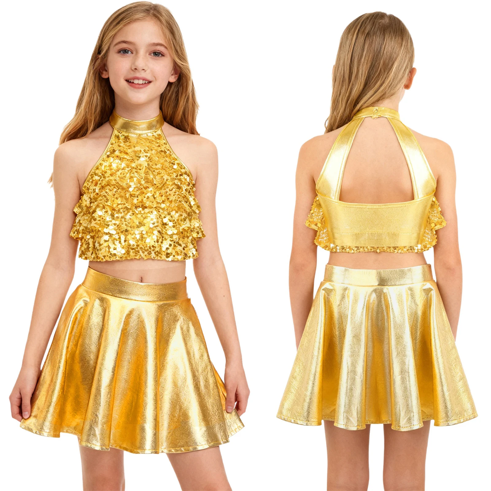 

Girls 2Pcs Jazz Dance Performance Outfit Sleeveless Sequin Crop Top+Ruffled Skirt Set for Hip-hop Cheerleading Dance Stage Show