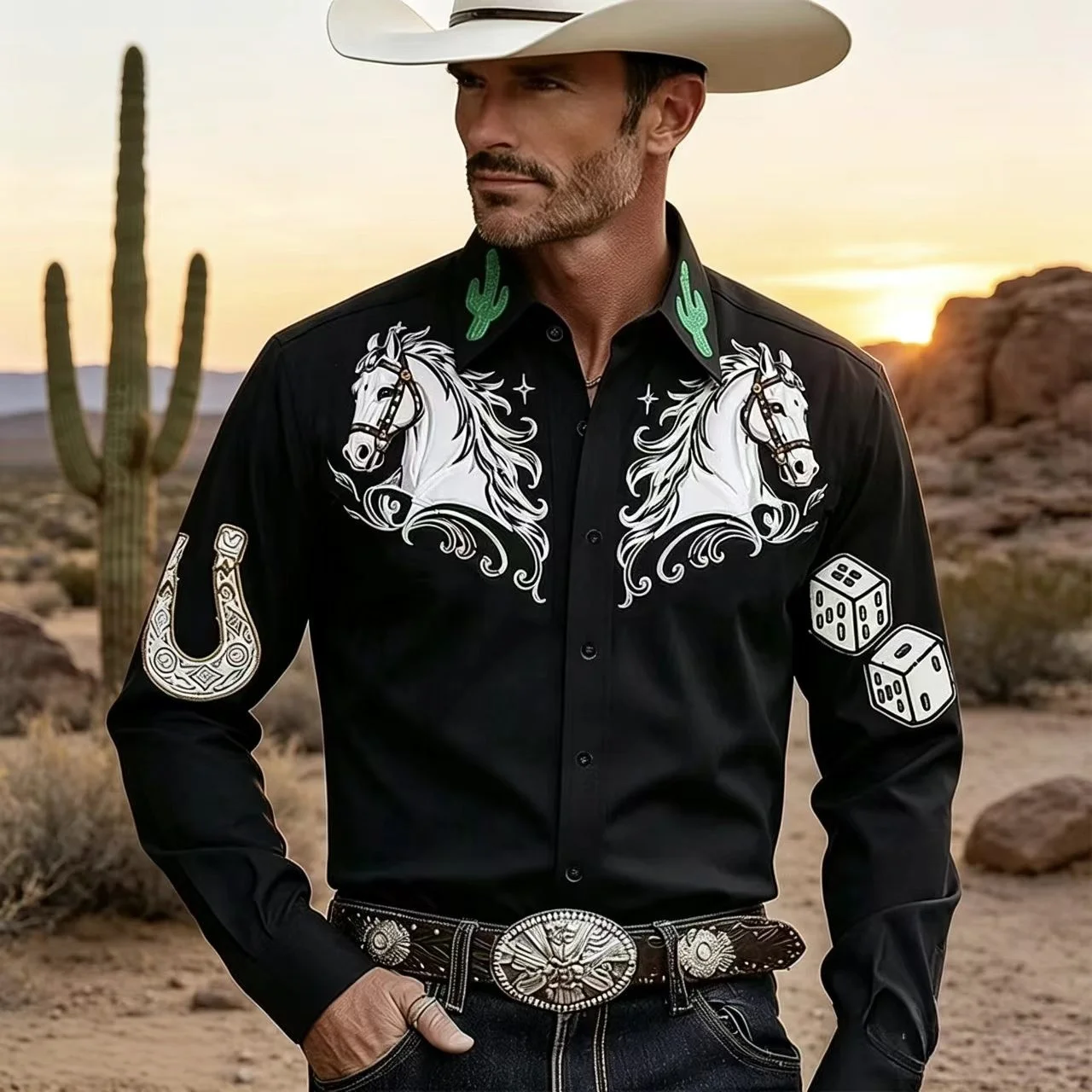 Men's Long Sleeved Shirt  Horse Head 3D Print  Western Style Denim Shirt  Outdoor Street Casual Fashion Style  Comfortable