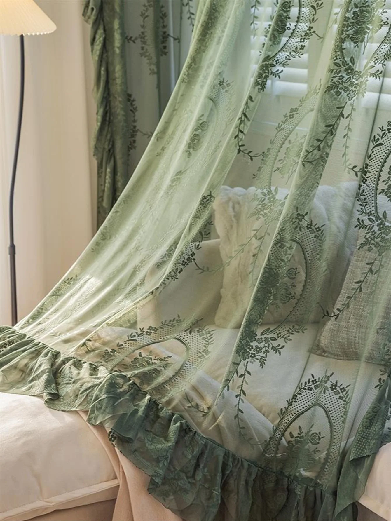1pc French Ruffled Lace Sheer, Olive Green Jacquard Translucent Curtain, Finished Sheer for Living Room, Bedroom & Balcony