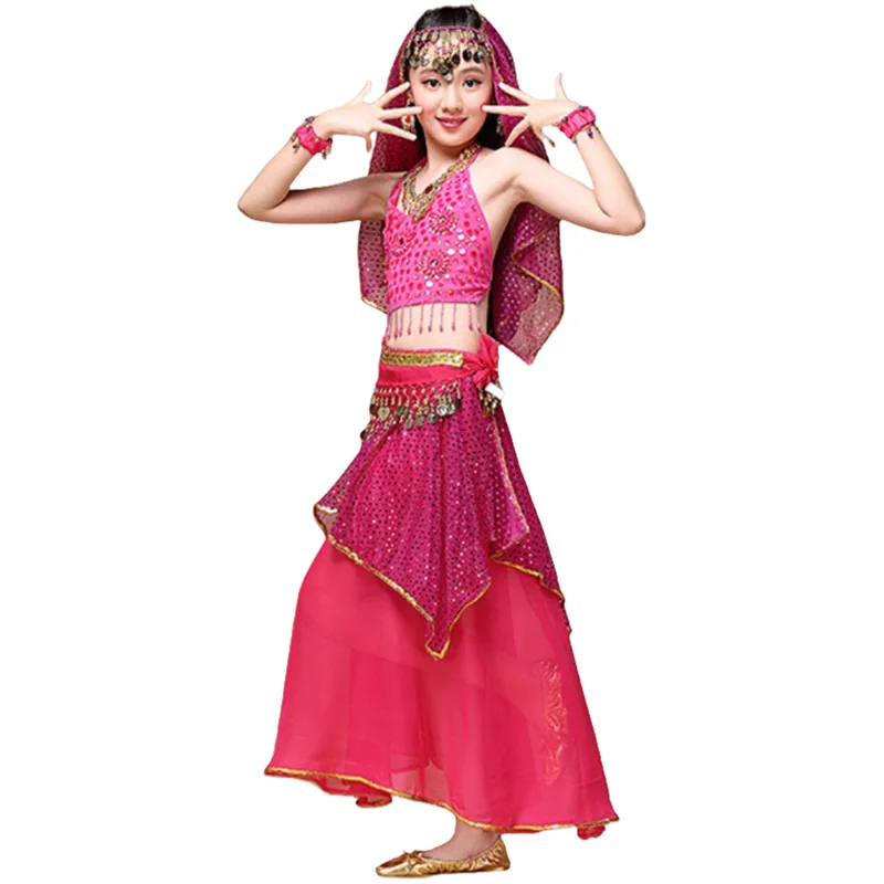 Crianças trajes de dança do ventre para crianças meninas saia de dança do ventre vestido de dança de bollywood desempenho competição conjunto pano indiano