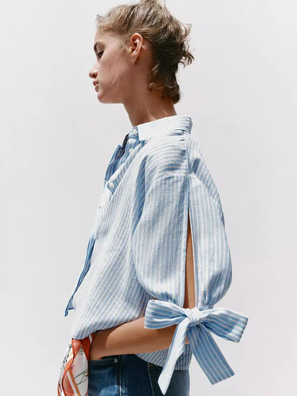 Faionable Linen irt para mujer con nudo diseño a rayas nueva llegada temporada de otoño ort prendas de vestir exteriores Ne