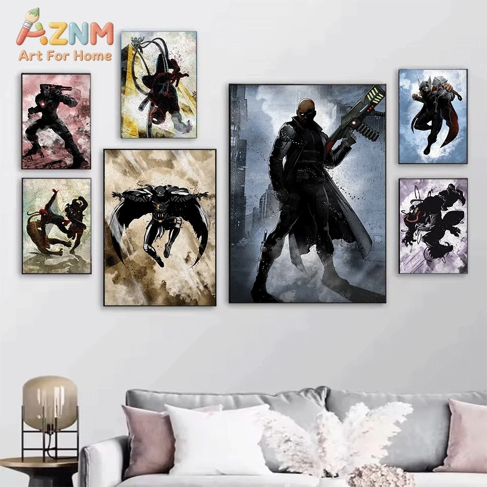 Marvel Superhero Canvas Wall Art Black Panther Black Widow Thor Spider‑Man Watercolor Splash Print Poster, Frameless Wall Pict