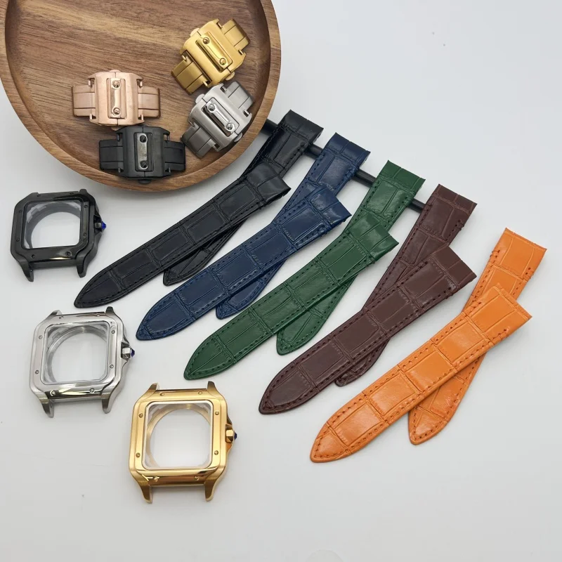 

38mm Square Golden Watch Strap Case Leather Watchband for Sandoz NH36 NH35 NH70 Movement for 27mm Dial Hands Watch Modification