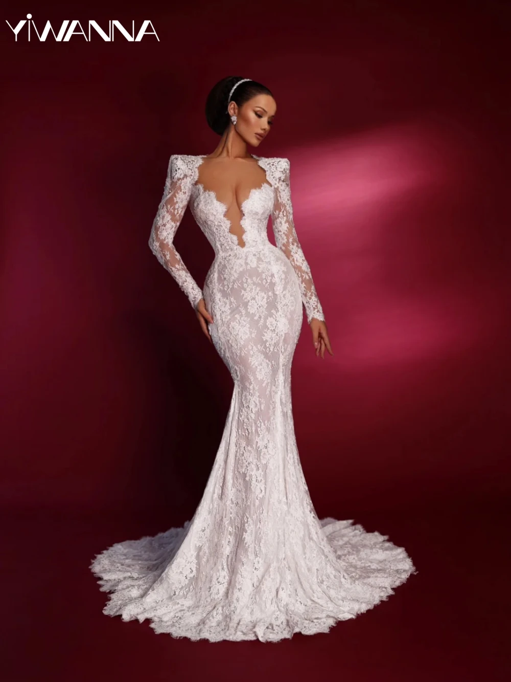 2025 Graceful Lace Mermaid Bride Robe Sexy Illusion Deep V-neck Bridal Gown Classic Long Sleeve Wedding Dresses Robe De Mariée