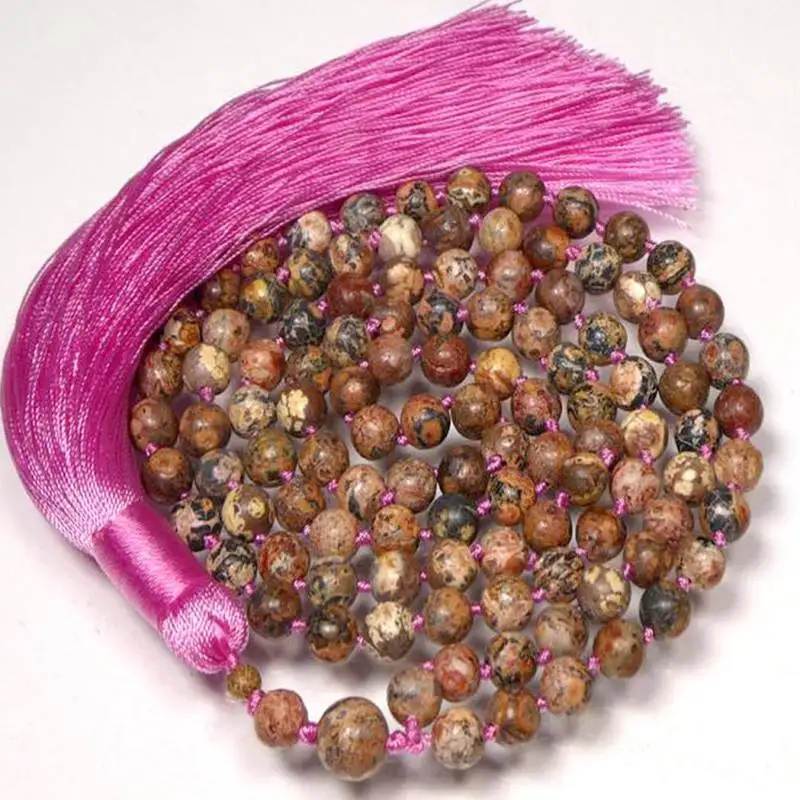 

Handmade Genuine Picture Jasper 108 Beads Mala Necklace with Pink Tassel Meditation Jewelry Gift for Her