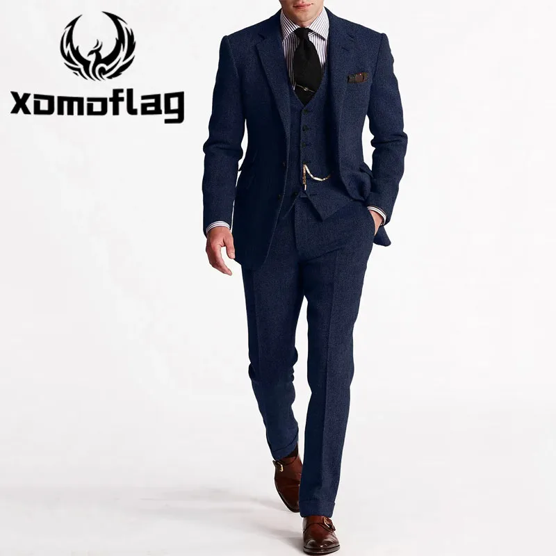 

﻿ Herringbone Tweed Suits for Men 3 Piece Set Double-Breasted Slim Fit Tuxedo Size Man Suit Set Custom Made Men Fashion Suits