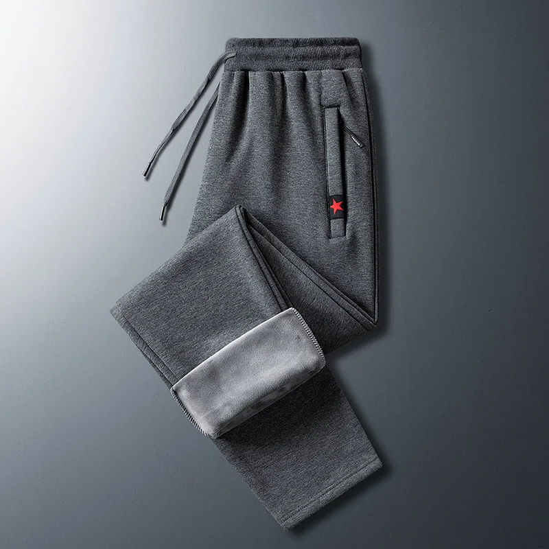 Men's Autumn Winter Flocking Solid Elastic High Waist Pockets Zipper Geometric Shape Casual Loose Sports Trousers Fashion Pants