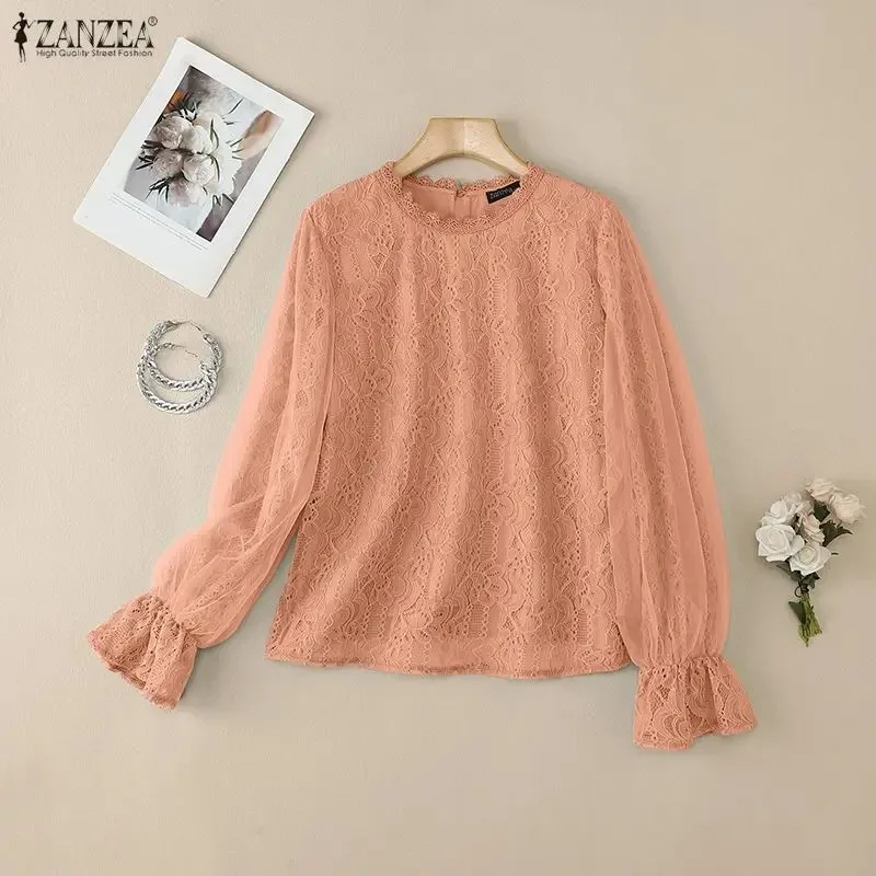 

ZANZEA Women Lace Blouses 2025 Fashion Long Sleeve Elegant Office Ruffled Shirts Autumn Casual Solid Tops Lantern Sleeve Blusas