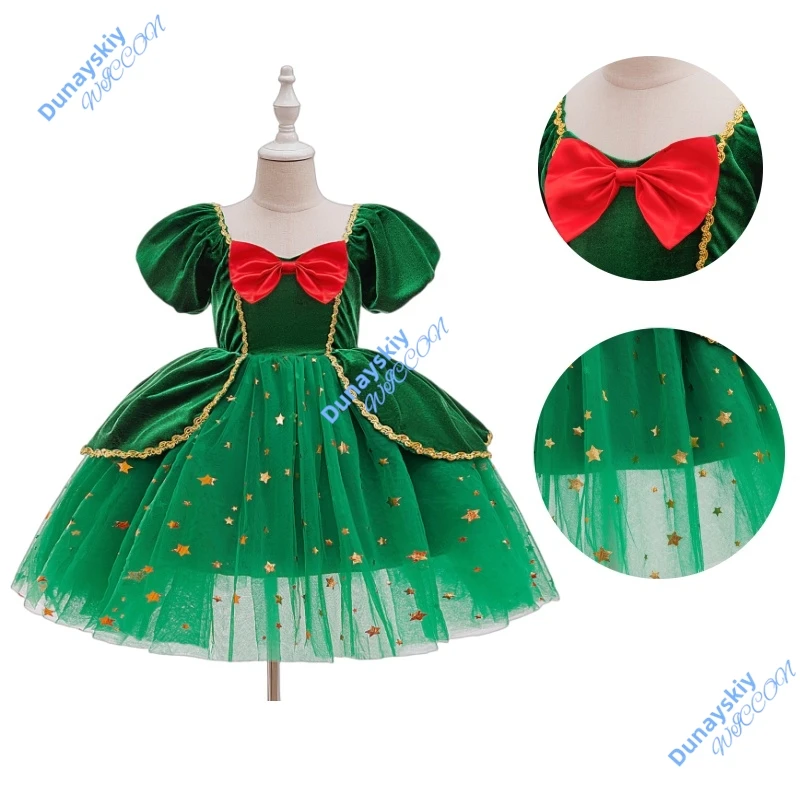 Vestido de princesa con copos de nieve de Papá Noel para niñas, vestido de fiesta con estampado de dibujos animados de Navidad, traje de vestir para niños