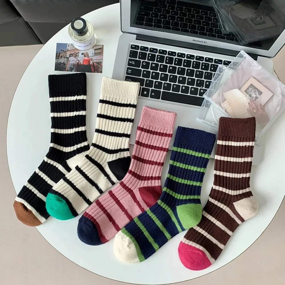 

Fashionable Socks for Autumn Winter Thick Needle Thick Thread Contrasting Stripes Unisex Socks Korean Ins Retro Mid Tube Socks