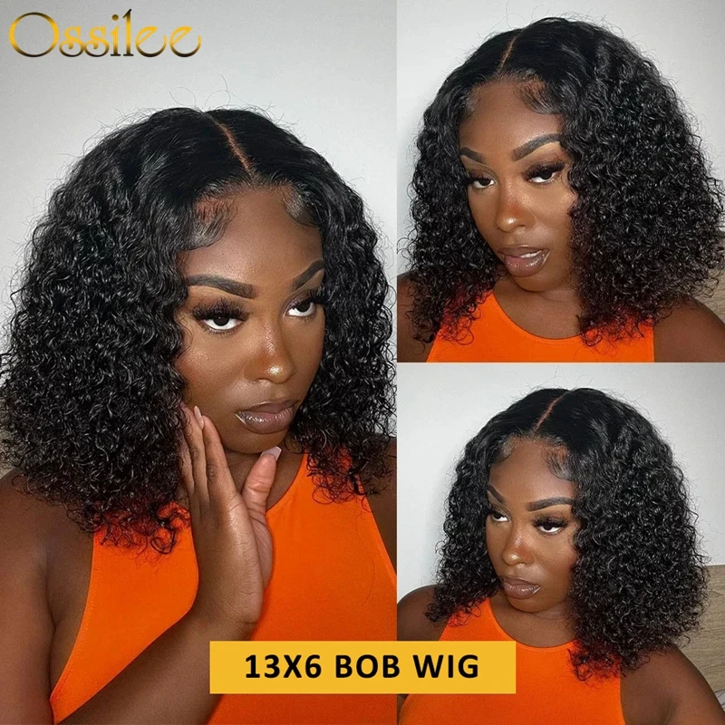 Ossilee-Curto Onda de Água Bob Peruca, Cabelo Humano Encaracolado Brasileiro, Wet and Wavy, Lace Front Perucas, 180% Densidade