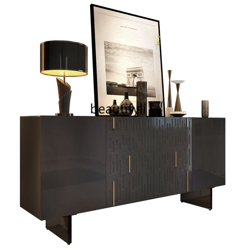 

Italian light luxury entrance cabinet villa, glass decorative cabinet, sensor light, black side cabinet