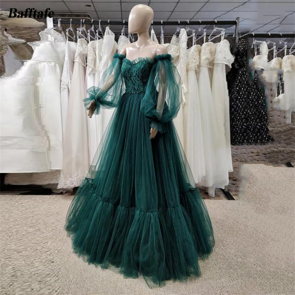 Dark Green A Line Formal Prom Dresses Applique Puff Long Sleeves Evening Party Dress Corset Back Women Birthday Gowns Customized