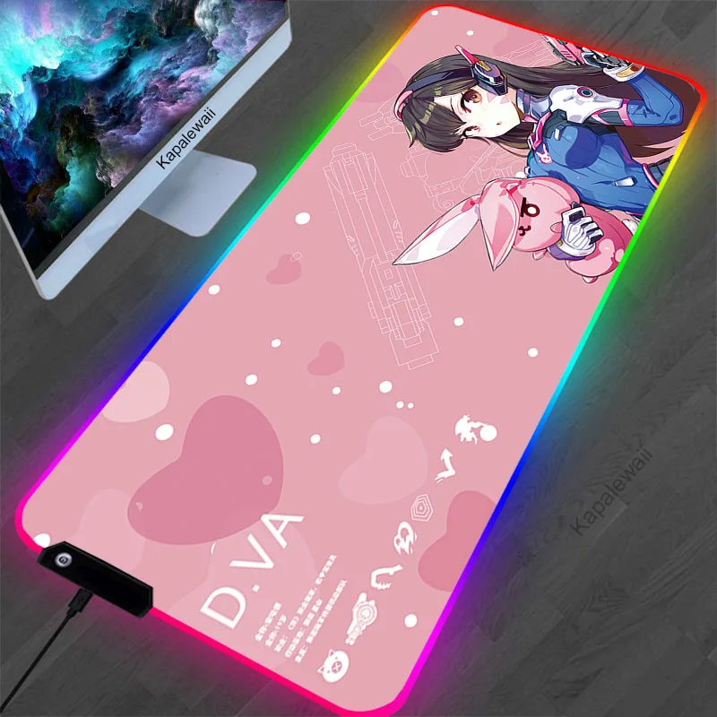 

Colorful RGB D.VA Anime Mouse Pad Gaming Accessories Table Led PC Gamer Completo Computer Desk Mat Backlight Keyboard Mousepad