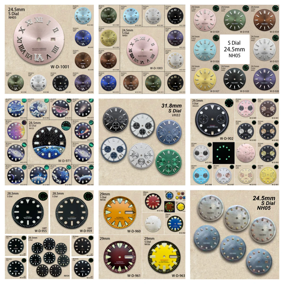 28.5/29/29.5/24.5/31.8 mm Starry S Dial Fit NH35/NH36/NH05/VK63/VK64 Movement Green Luminous Watch Modification Accessories