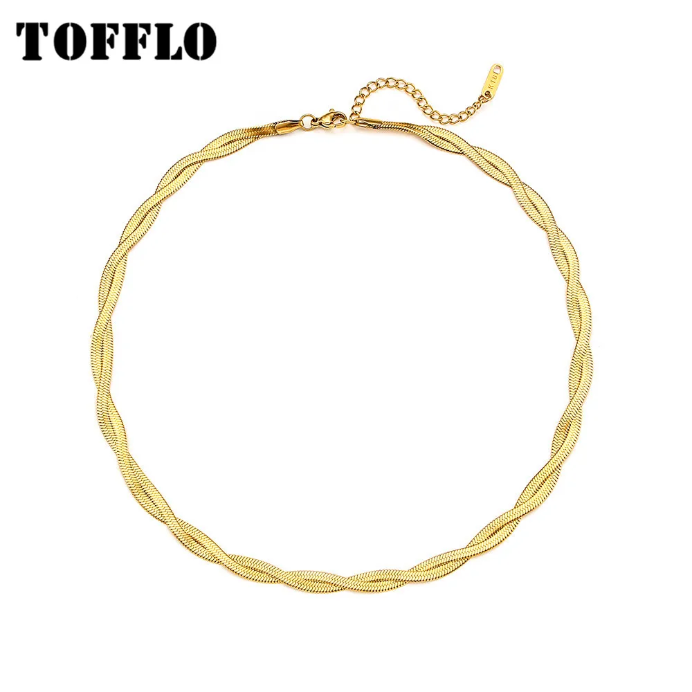 TOFFLO 18K Gold Plated Waterproof Braided New Herringbone Chain Necklace Bracelets Set Wholesale Stainless Steel Jewelry BSE35