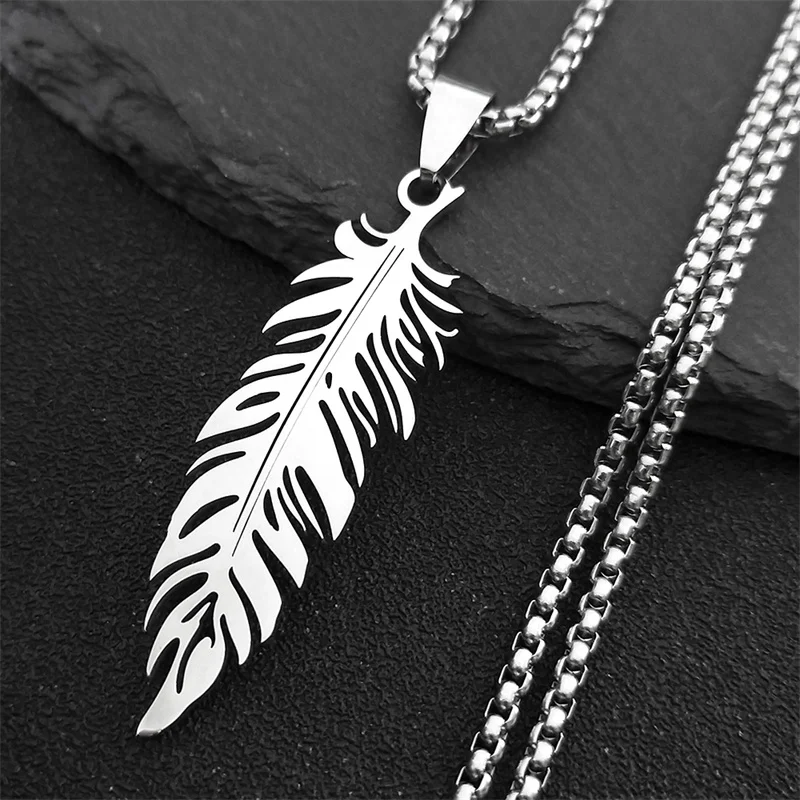 Boho Feather Pendant Male Necklace for Women Men Stainless Steel Silver Color Leaf Chain Jewelry Gift collar hombre N3393S01